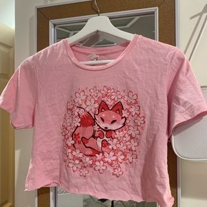 raw hem pink crop top with fox design  (L but fits like M) super cute and 2000s